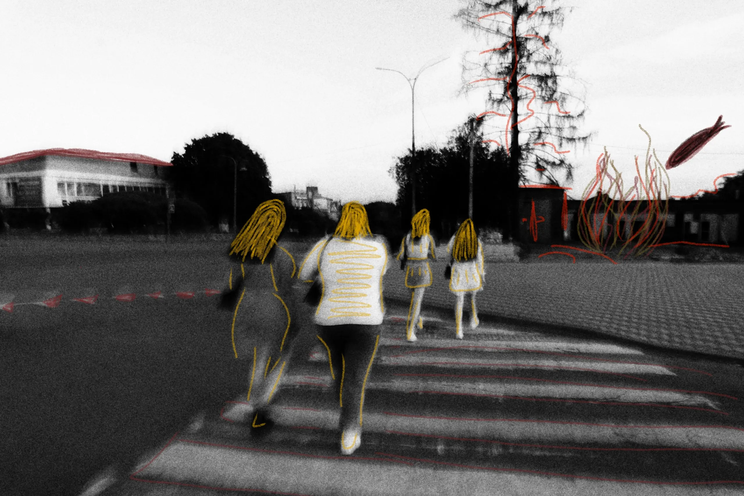People crossing a road, black and white